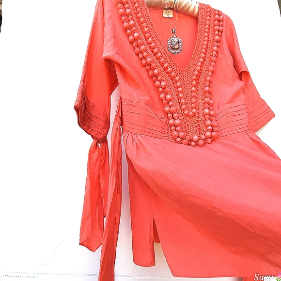 Marciano Tops - MARCIANO Silk Tie Back, Beaded Crochet Tunic Blouse
